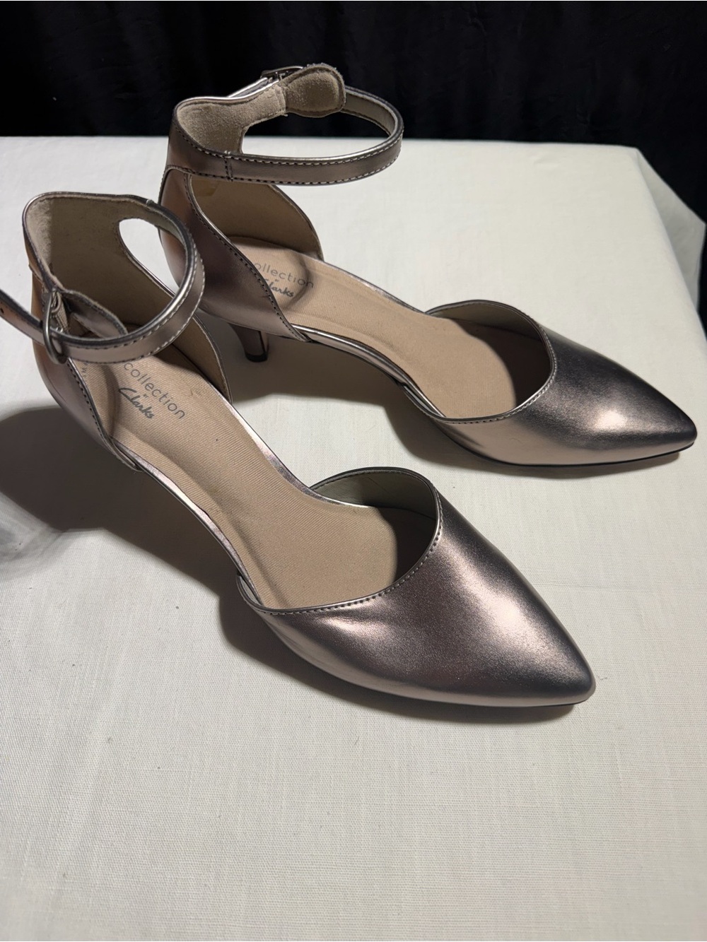 Clarks Metallic Pewter Pointed-Toe Ankle-Strap Heels